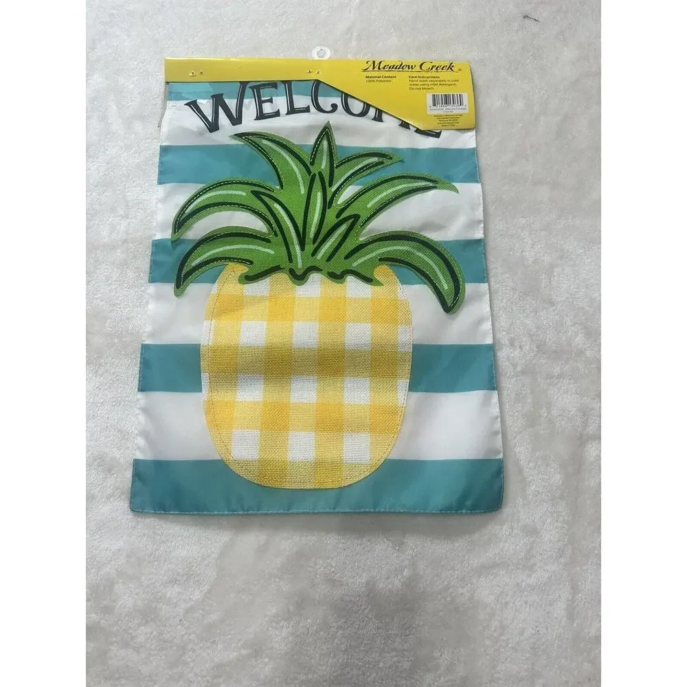 Meadow Creek Summer Appliqué Garden Flag Welcome Pineapple Aqua Stripes